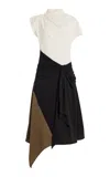 Staud Davina Colorblock Draped Crepe Midi Dress In Black