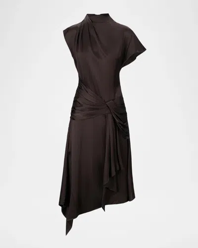 Staud Davina Front-knot Asymmetric Satin Midi Dress In Brown