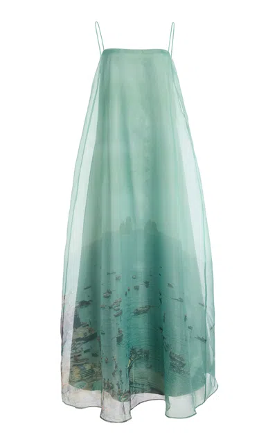Staud Delfina Printed Organza Maxi Dress In Green