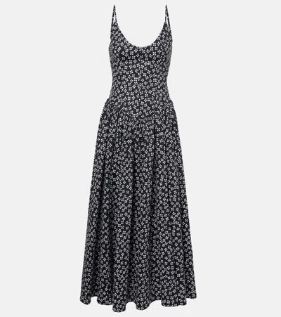 Staud Midikleid Dena Aus Baumwollpopeline In Black Woodblock Floral