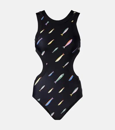 Staud Dolce Cutout Printed Swimsuit In Black