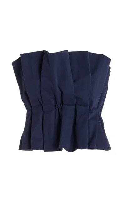 Staud Dover Gathered Stretch-cotton Strapless Top In Navy