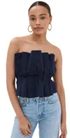 Staud Dover Gathered Stretch-cotton Strapless Top In Navy
