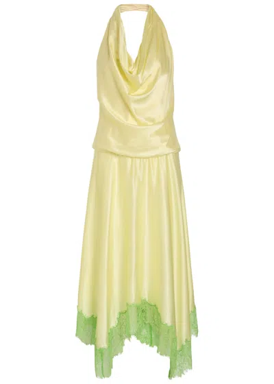 Staud Elira Lace-trim Stretch-silk Midi Dress In Yellow