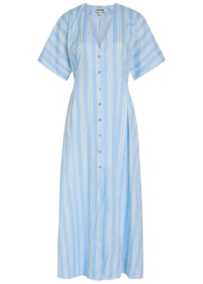 Staud Elle Striped Stretch-cotton Midi Dress In Blue