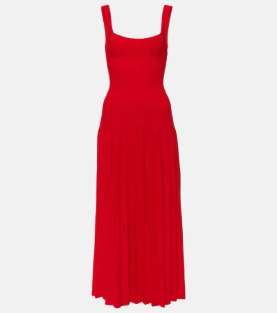 Staud Wells Pleated Stretch Cotton Midi Dress In Red