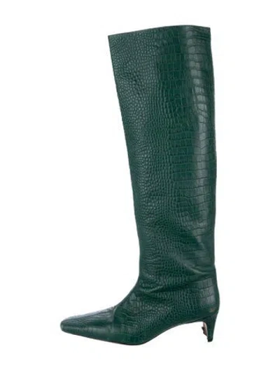 Pre-owned Staud Embossed Leather Animal Print Boots In Green