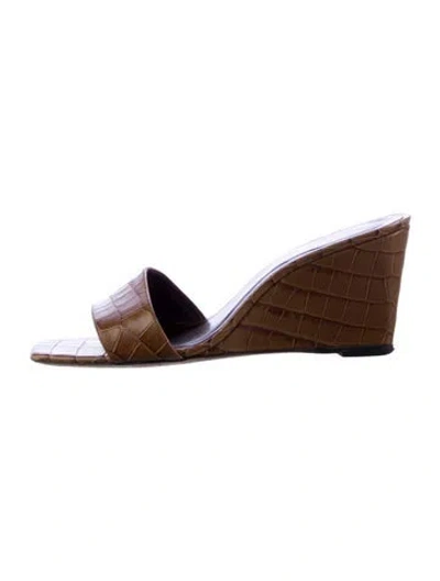 Pre-owned Staud Embossed Leather Animal Print Slides In Brown