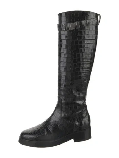 Pre-owned Staud Embossed Leather Riding Boots In Black