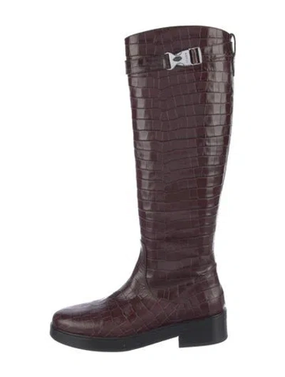 Pre-owned Staud Embossed Leather Riding Boots In Burgundy