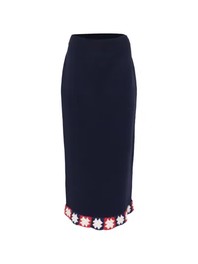 Pre-owned Staud Embroidered-trimmed Midi Skirt In Blue