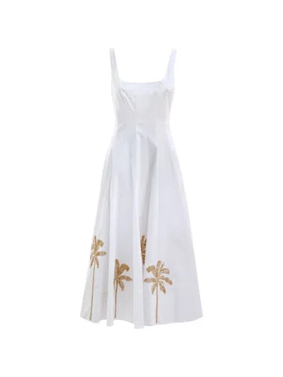 STAUD SQUARE-NECK PALM-TREE MIDI DRESS