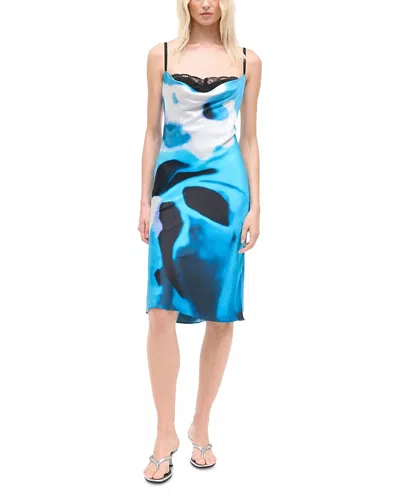 Staud Evangeline Abstract Print Stretch Silk Slipdress In Blue