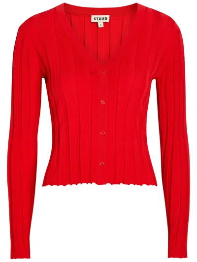 Staud Ezra Ribbed-knit Cardigan In Red