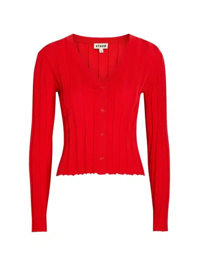 Staud Ezra Ribbed-knit V-neck Cardigan In Red