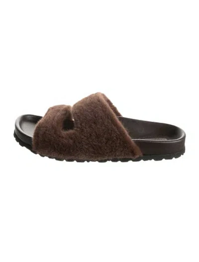 Pre-owned Staud Faux Fur Slides In Brown