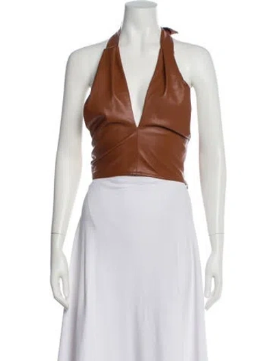 Pre-owned Staud Faux Leather Halterneck Top In Brown