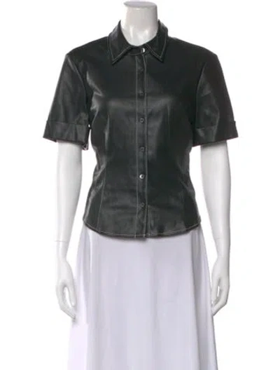 Pre-owned Staud Faux Leather Short Sleeve Button-up Top In Black