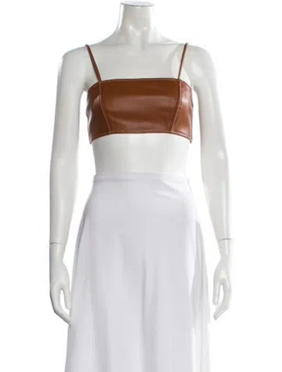 Pre-owned Staud Faux Leather Square Neckline Crop Top In Brown