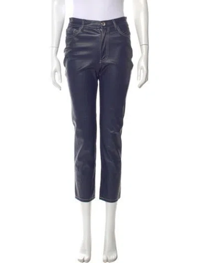 Pre-owned Staud Faux Leather Straight Leg Pants In Blue