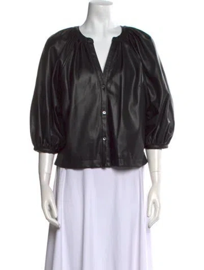 Pre-owned Staud Faux Leather V-neck Blouse In Black