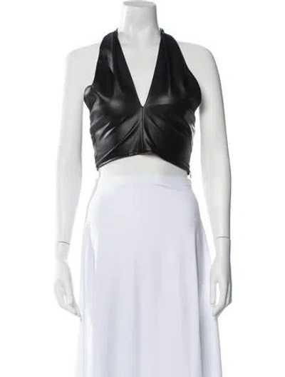 Pre-owned Staud Faux Leather V-neck Crop Top In Black