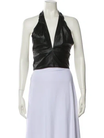 Pre-owned Staud Faux Leather V-neck Crop Top In Black