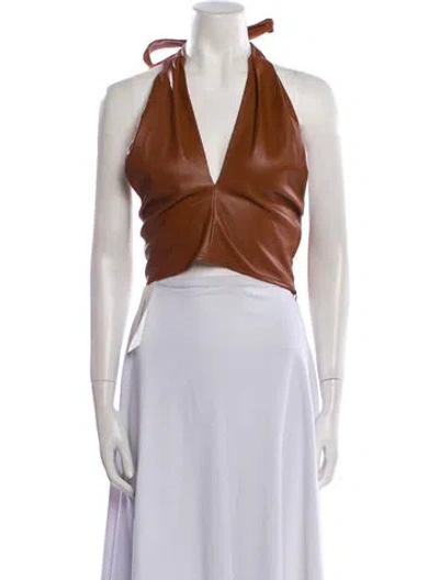 Pre-owned Staud Faux Leather V-neck Crop Top In Brown