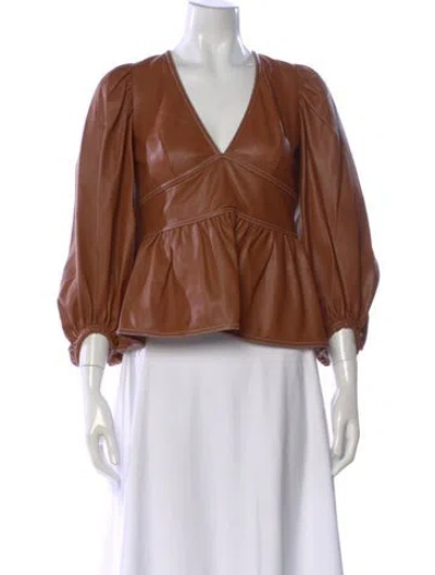 Pre-owned Staud Faux Leather V-neck Top In Brown