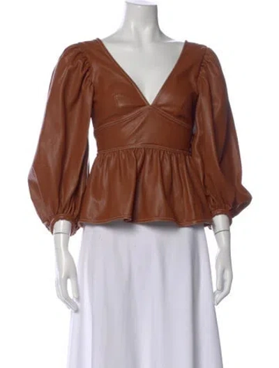 Pre-owned Staud Faux Leather V-neck Top In Brown