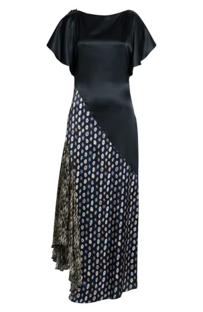 Staud Fawn Mixed Print Stretch Silk Dress In Black