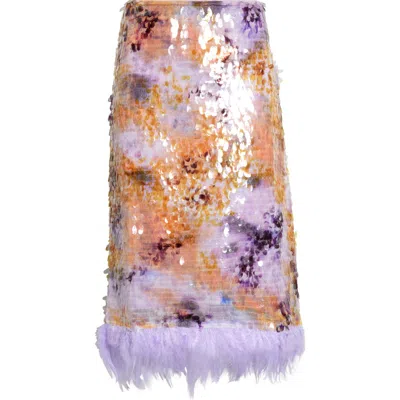 Staud Lark Sequin-embellished Feather-trimmed Mesh Midi Skirt In Multi