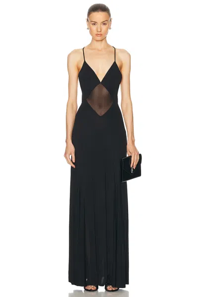 Staud Fleur Mesh Panel Low-cut V-neck Maxi Dress In Black