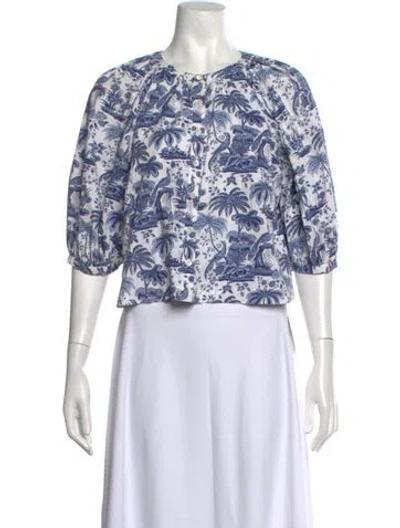 Pre-owned Staud Floral Print Crew Neck Blouse In Blue