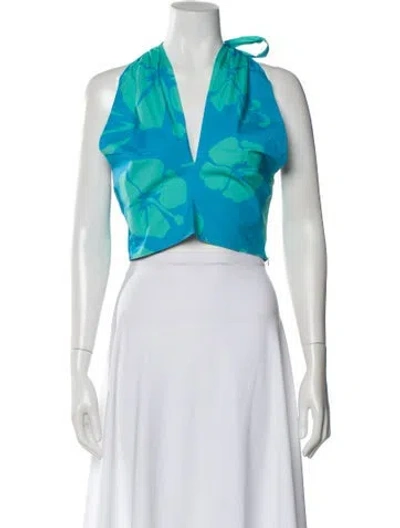 Pre-owned Staud Floral Print Halterneck Crop Top In Blue