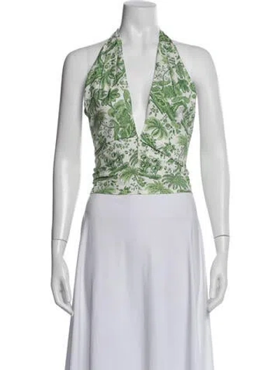 Pre-owned Staud Floral Print Halterneck Crop Top In Green