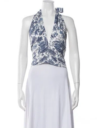 Pre-owned Staud Floral Print Halterneck Crop Top In White