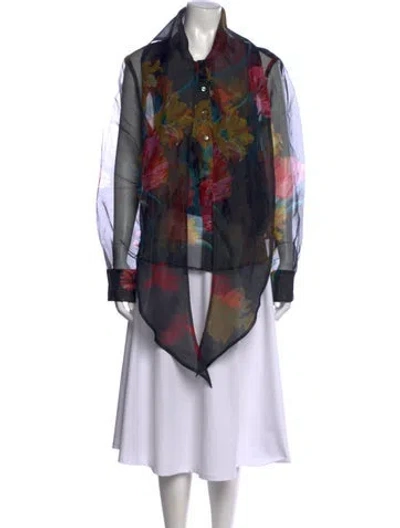 Pre-owned Staud Floral Print Long Sleeve Blouse In Black