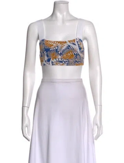 Pre-owned Staud Floral Print Square Neckline Crop Top In White