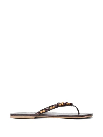Staud Freja Beaded Leather Thong Sandals In Brown