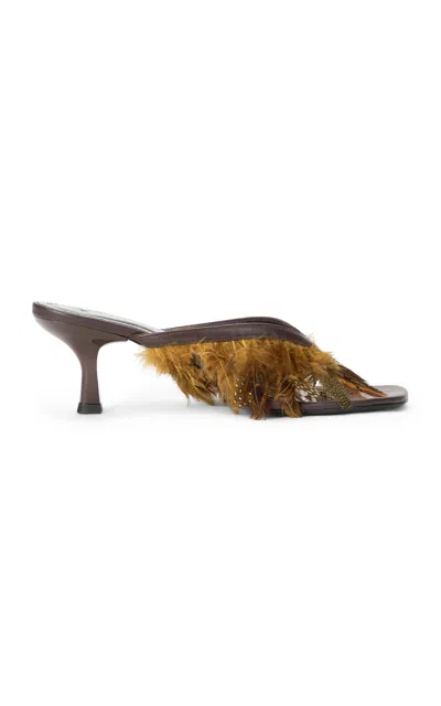 Staud Freja Feathered Leather Sandals In Brown