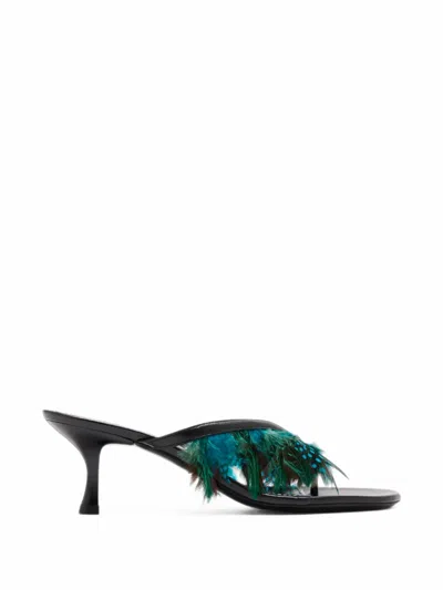Staud Freja Feather-trim Sandals In Black