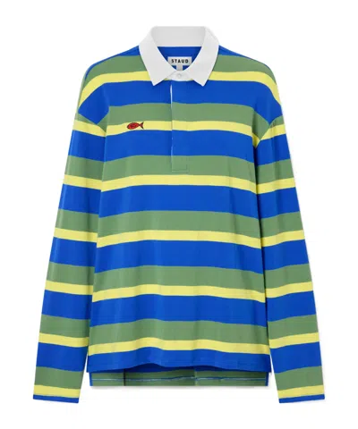 Staud Gavin Striped Embroidered Polo Shirt In Blue
