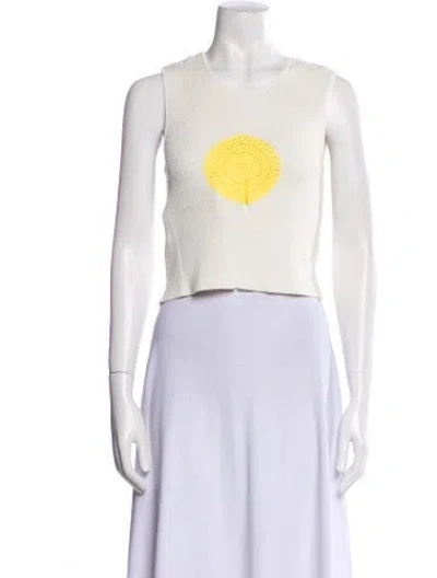 Pre-owned Staud Graphic Print Crew Neck Crop Top In White