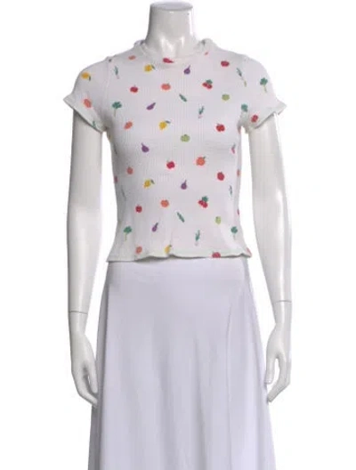 Pre-owned Staud Graphic Print Crew Neck Crop Top In White