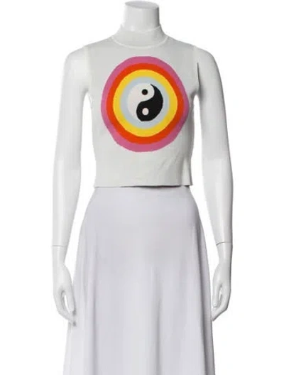 Pre-owned Staud Graphic Print Mock Neck Crop Top In White