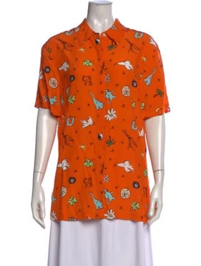 Pre-owned Staud Graphic Print Short Sleeve Button-up Top W/ Tags In Orange