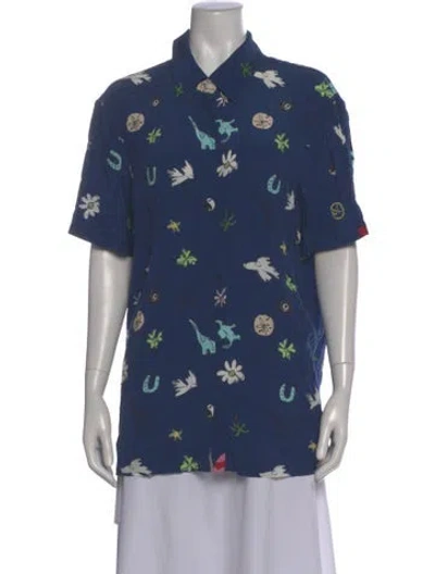 Pre-owned Staud Graphic Print Short Sleeve Top In Blue