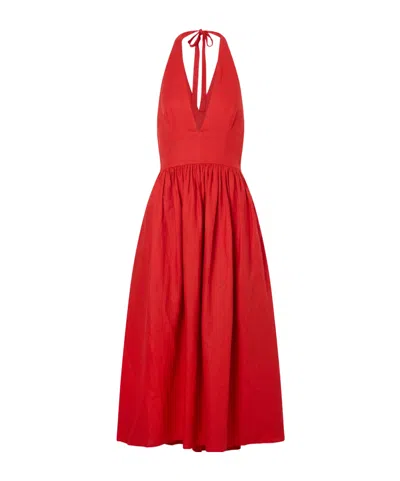 Staud Grazia Gathered Linen Midi Dress In Red