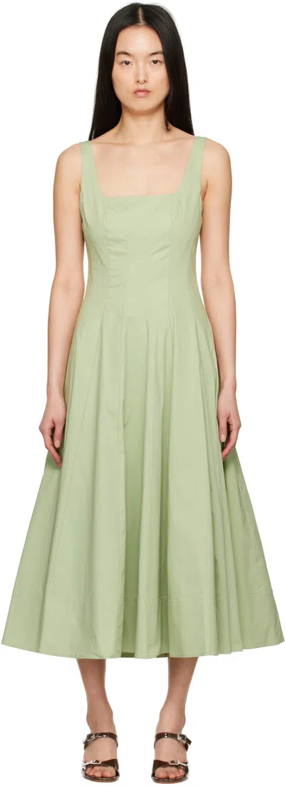 Staud Wells Pleated Cotton-blend Poplin Midi Dress In Green